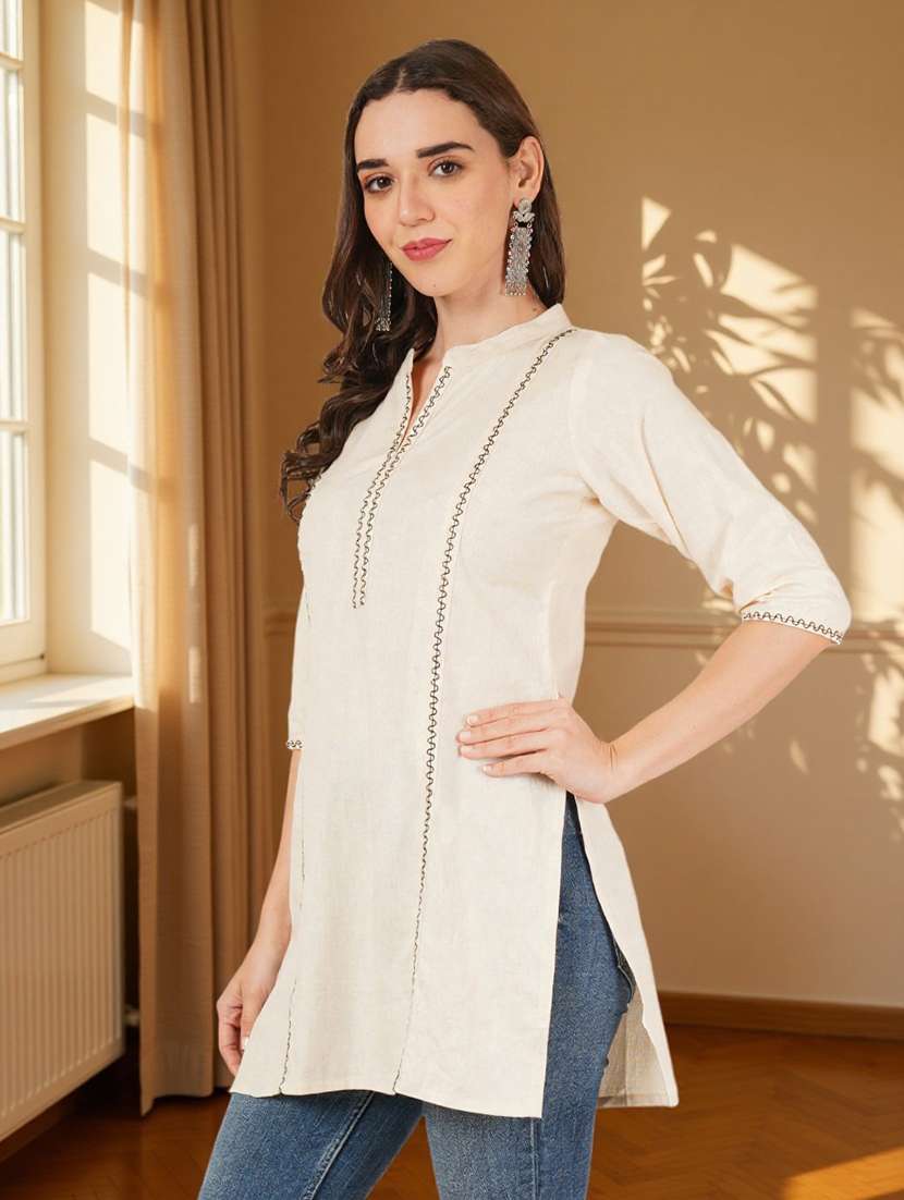 women solid with work three quarter sleeve straight kurti - 22182765 -  Standard Image - 1