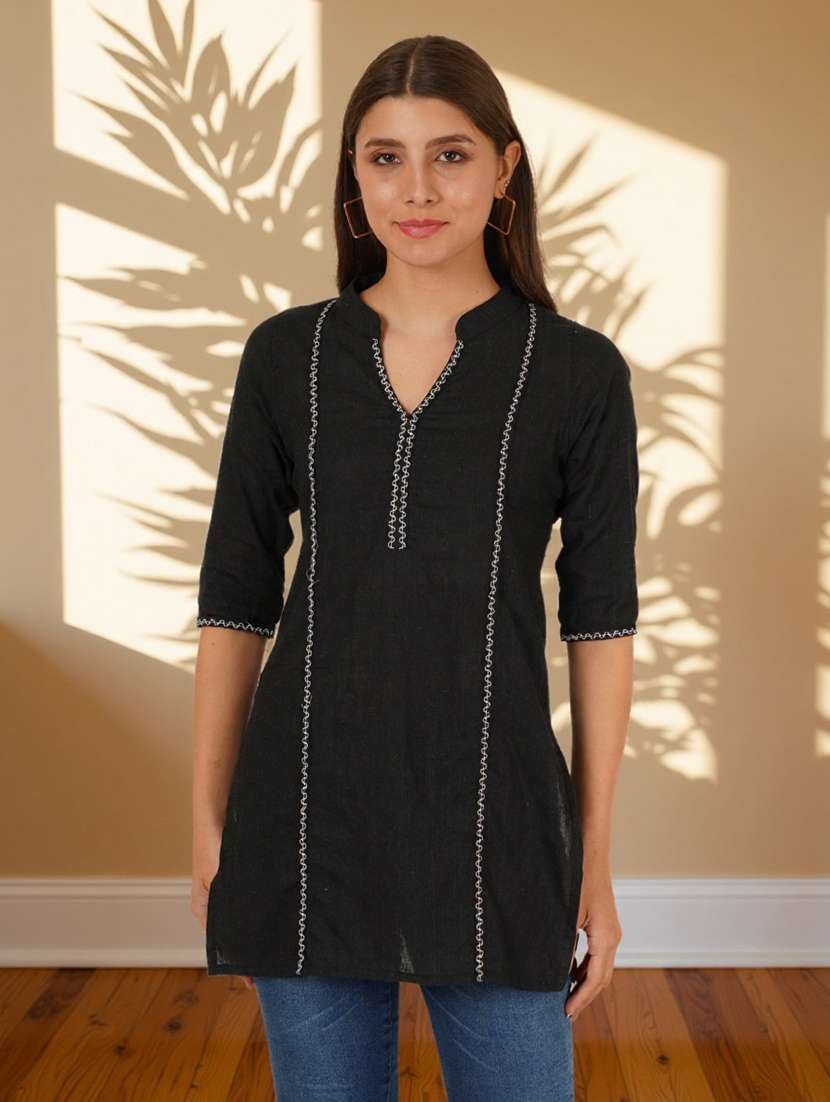 women solid with work three quarter sleeve straight kurti - 22182766 -  Standard Image - 1