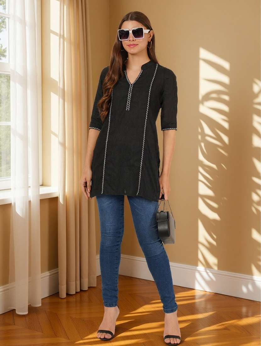 women solid with work three quarter sleeve straight kurti - 22182766 -  Standard Image - 6