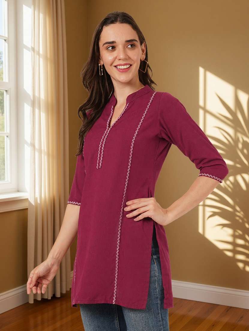 women solid with work three quarter sleeve straight kurti - 22182767 -  Standard Image - 1