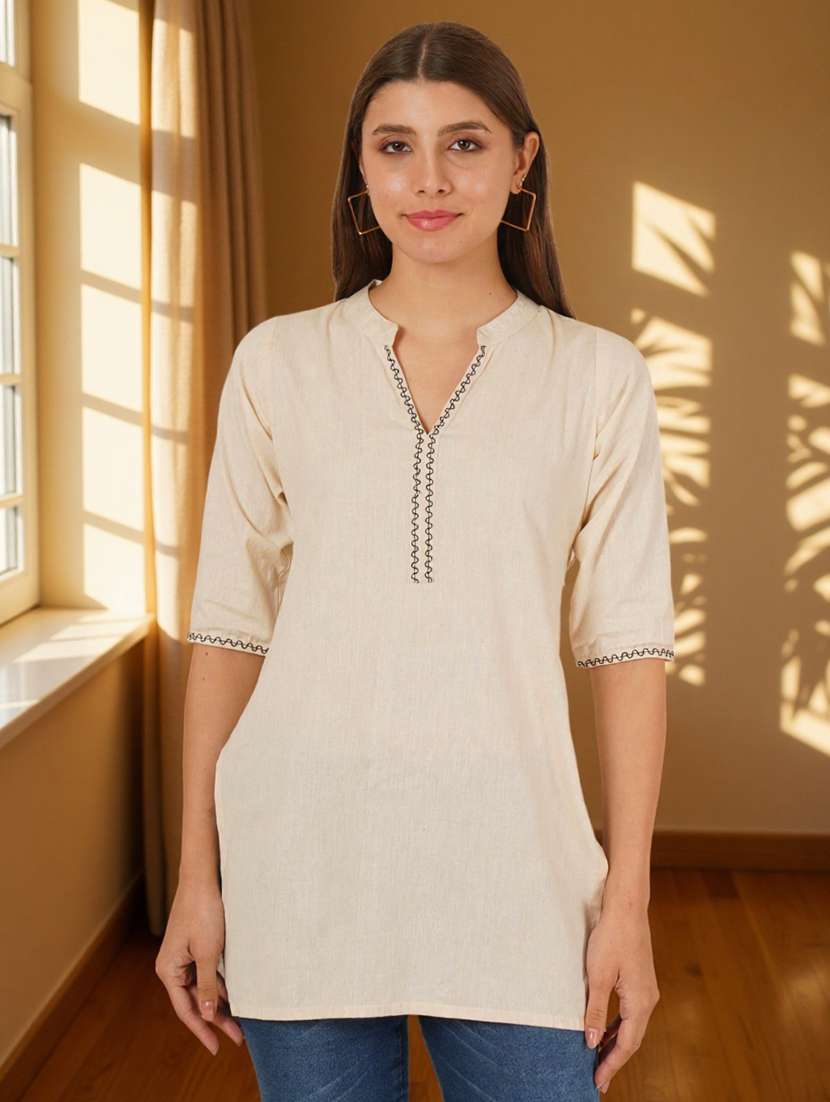 women solid with work three quarter sleeve straight kurti - 22182768 -  Standard Image - 1