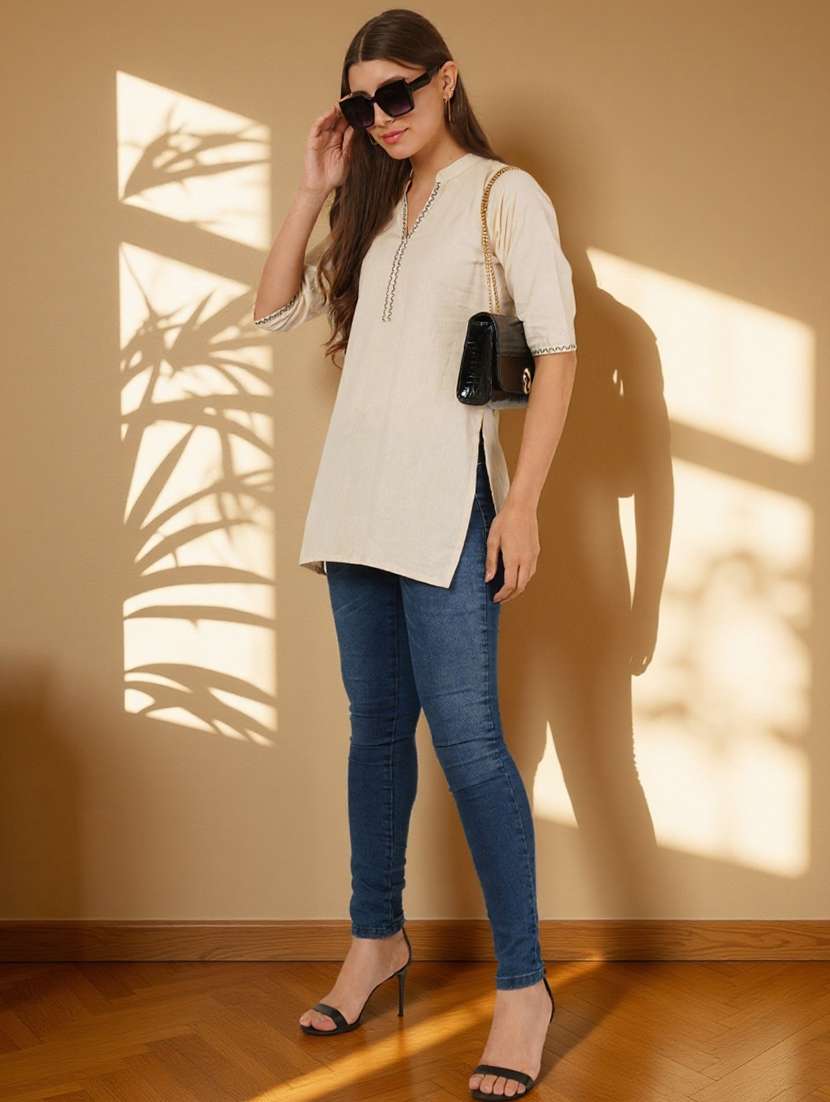 women solid with work three quarter sleeve straight kurti - 22182768 -  Standard Image - 6