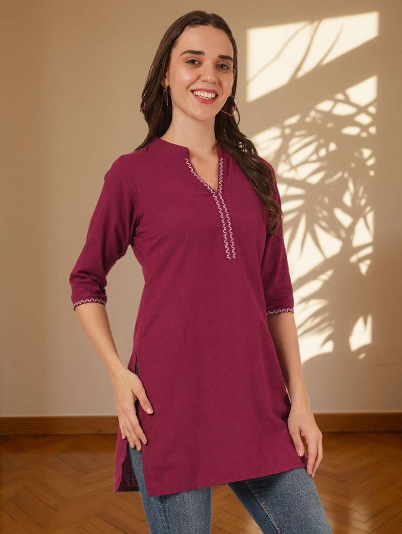women solid three quarter sleeve straight kurti - 22182770 -  Standard Image - 1