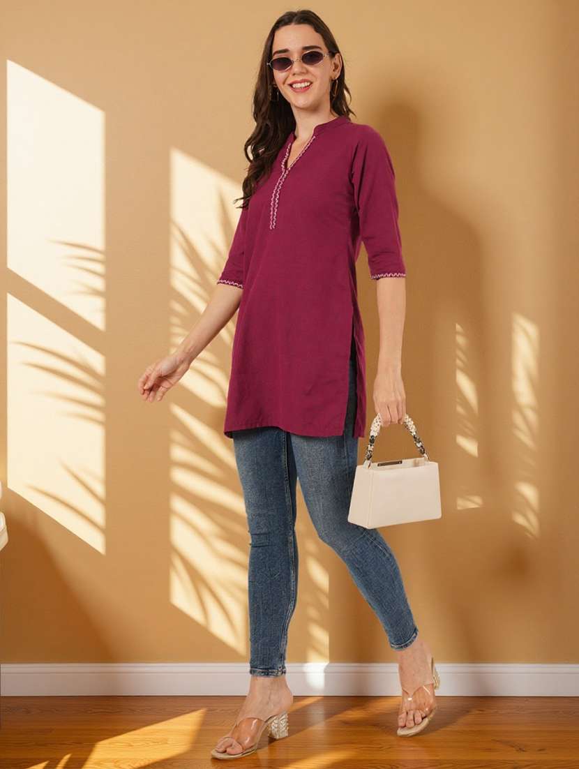 women solid three quarter sleeve straight kurti - 22182770 -  Standard Image - 6
