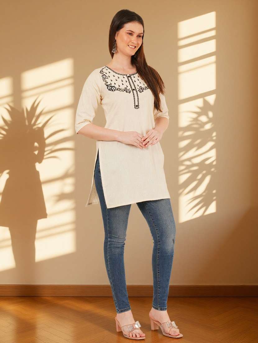 women solid with work three quarter sleeve straight kurti - 22182771 -  Standard Image - 4