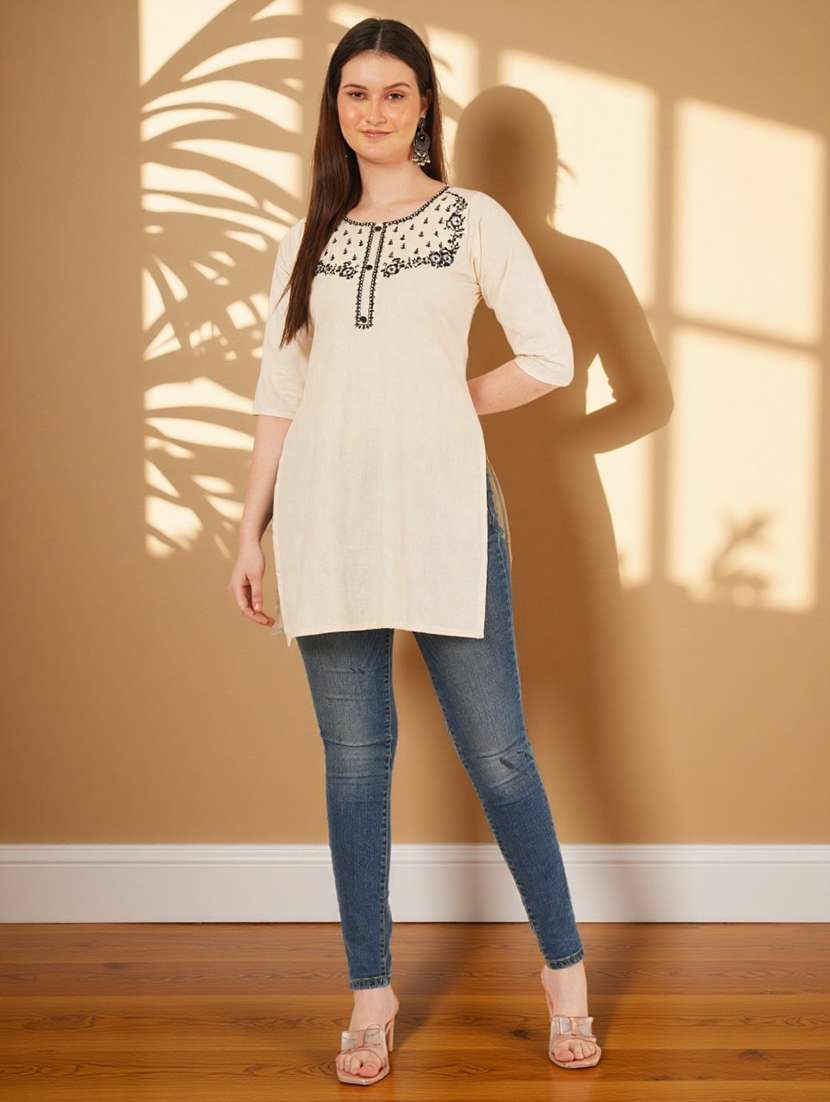 women solid with work three quarter sleeve straight kurti - 22182771 -  Standard Image - 6