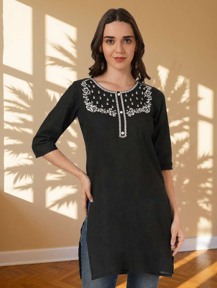 women solid with work three quarter sleeve straight kurti