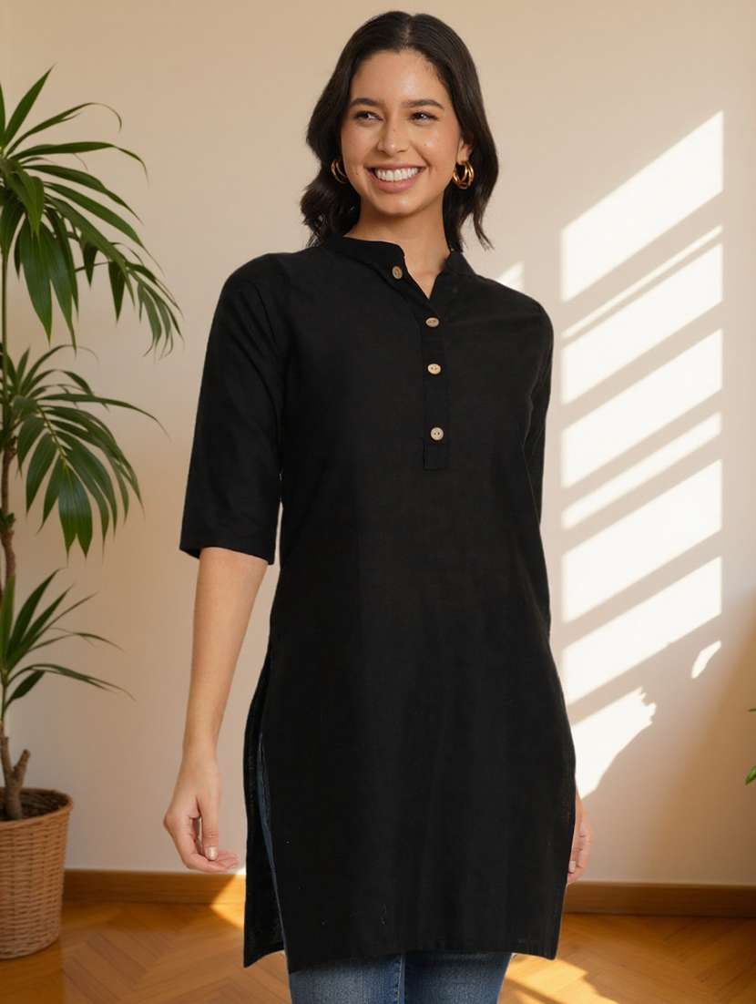 women solid three quarter sleeve straight kurti