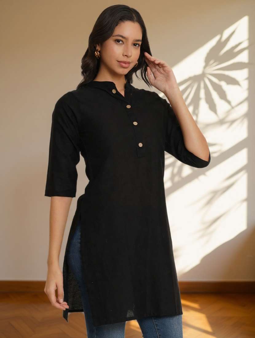 women solid three quarter sleeve straight kurti - 22182773 -  Standard Image - 1