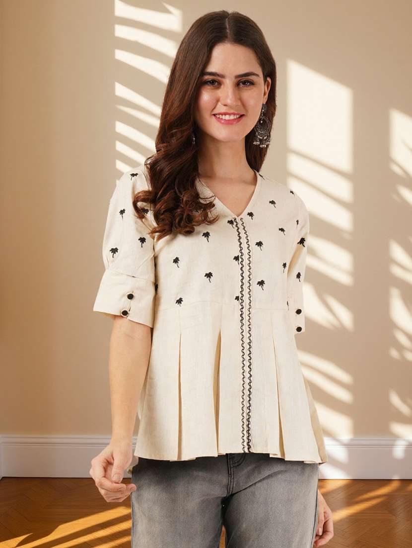 women solid with work puff sleeve a-line top - 22182775 -  Standard Image - 1