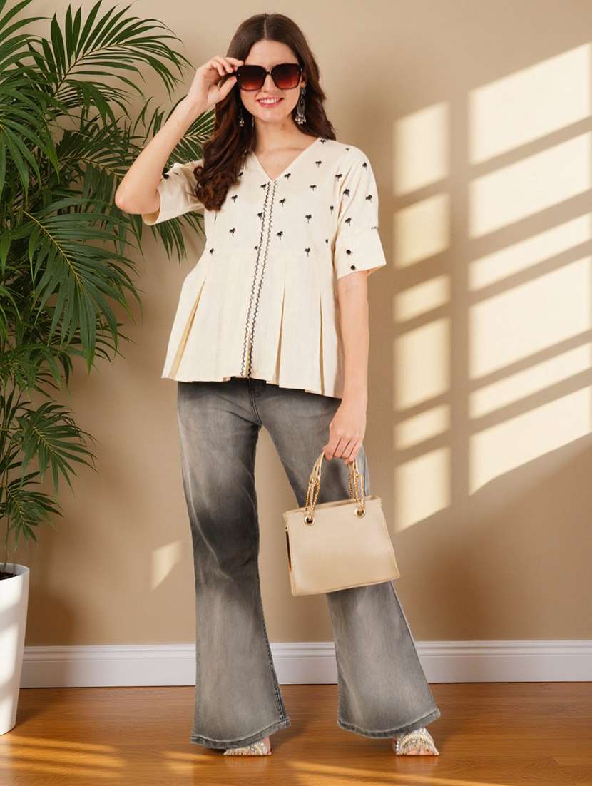 women solid with work puff sleeve a-line top - 22182775 -  Standard Image - 4