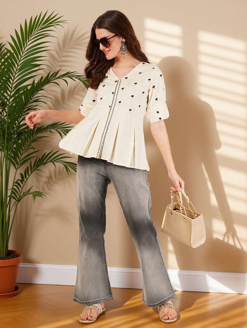 women solid with work puff sleeve a-line top - 22182775 -  Standard Image - 6