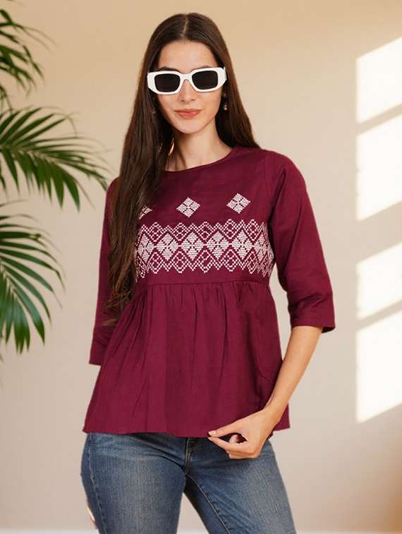 women solid with work three quarter sleeve flared ethnic top - 22182780 -  Standard Image - 1