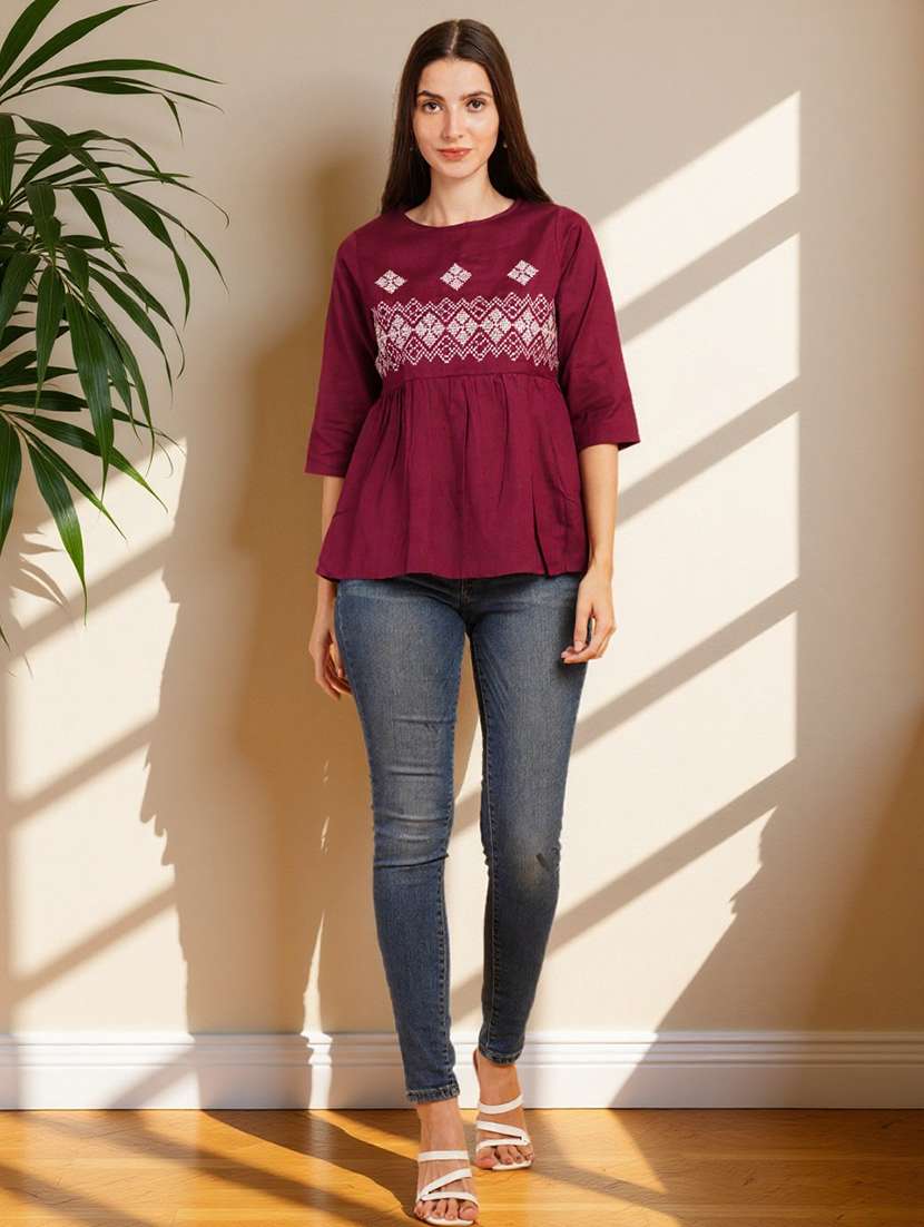 women solid with work three quarter sleeve flared ethnic top - 22182780 -  Standard Image - 6