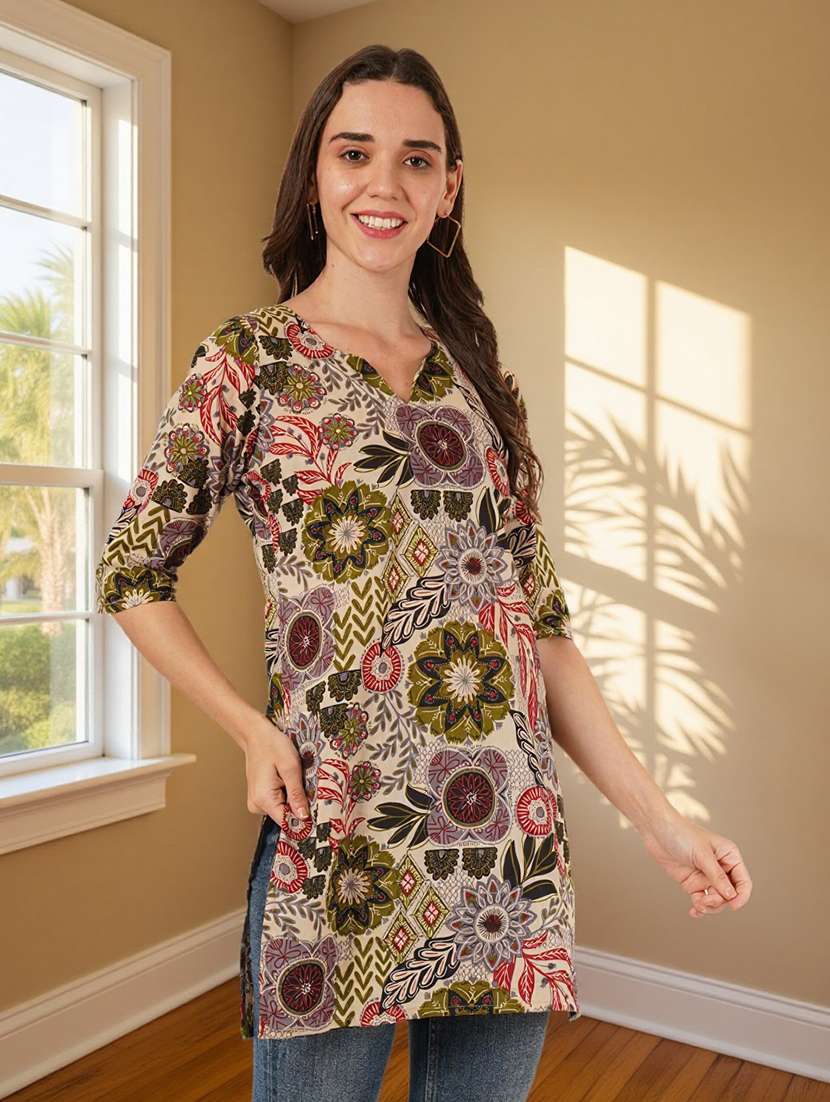 women printed three quarter sleeve straight kurti - 22182782 -  Standard Image - 1