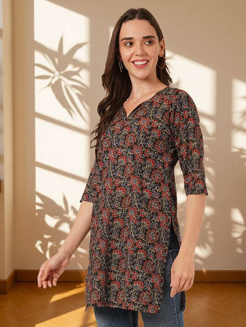 women floral printed three quarter sleeve straight kurti - 22182783 -  Standard Image - 1