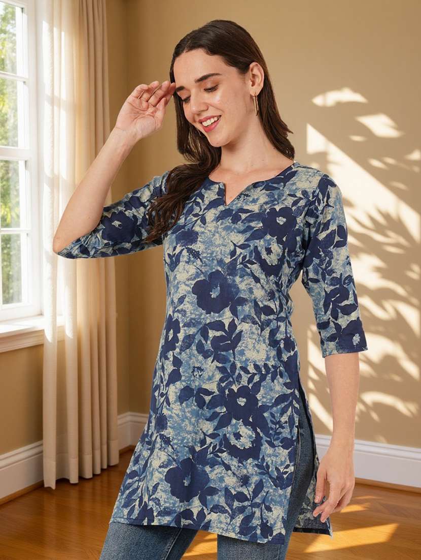 women floral printed three quarter sleeve straight kurti - 22182784 -  Standard Image - 1