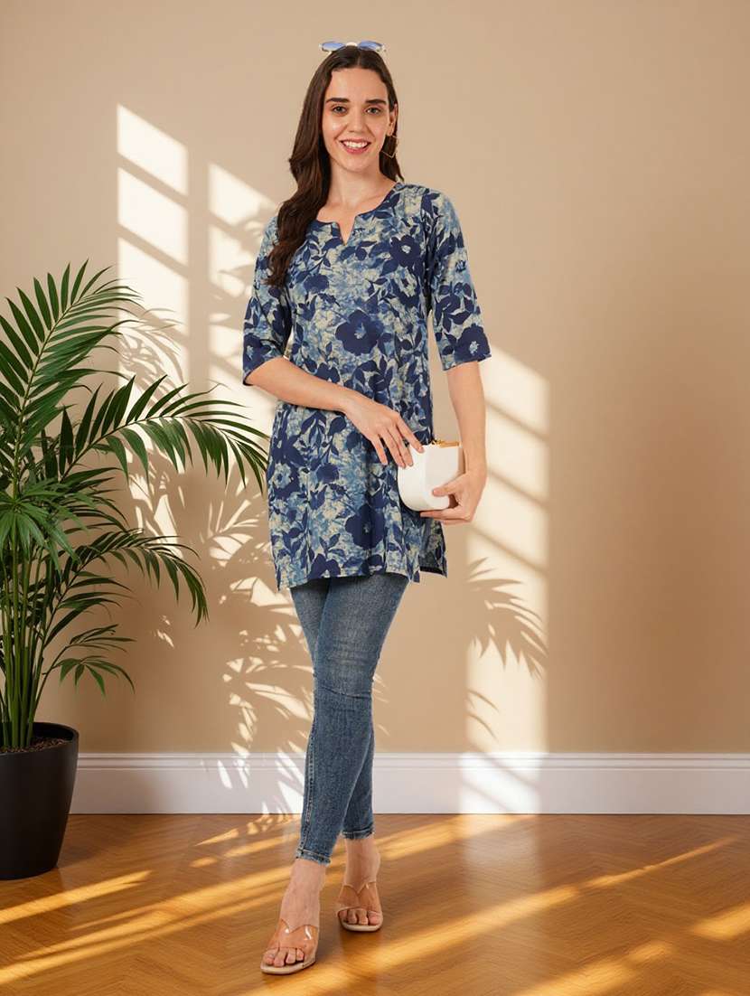 women floral printed three quarter sleeve straight kurti - 22182784 -  Standard Image - 4