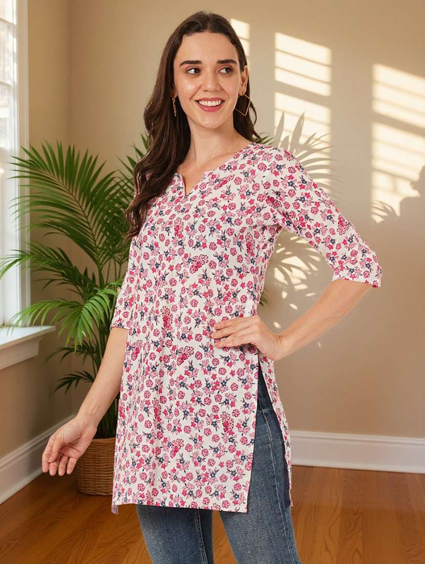 women floral printed three quarter sleeve straight kurti - 22182786 -  Standard Image - 1