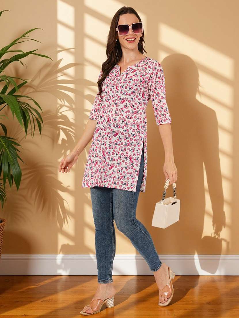 women floral printed three quarter sleeve straight kurti - 22182786 -  Standard Image - 4