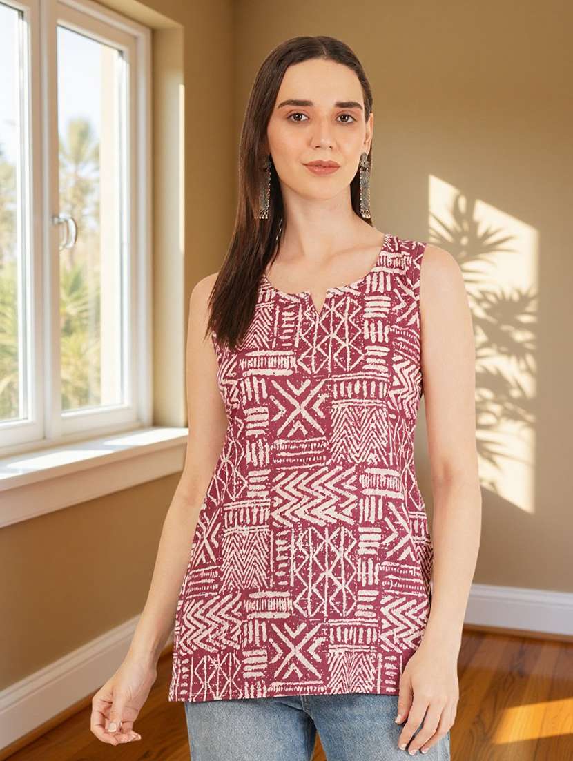 women printed sleeveless straight kurti