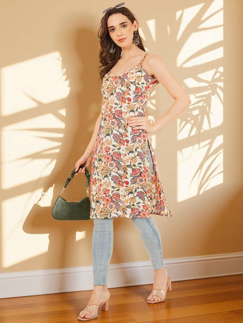 women floral printed shoulder strap straight kurta - 22182811 -  Standard Image - 4