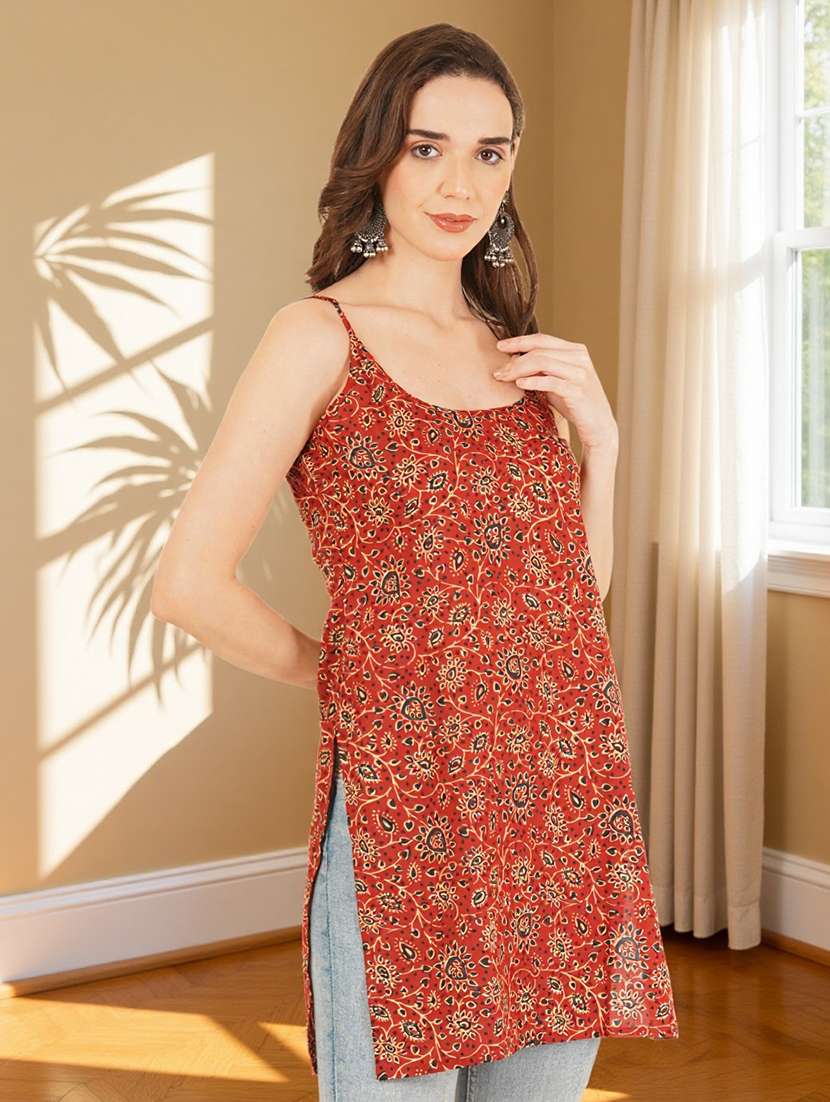 women printed shoulder strap straight kurti - 22182817 -  Standard Image - 1