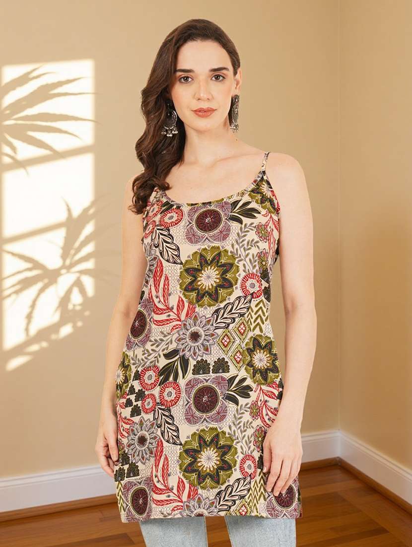 women printed shoulder strap straight kurti