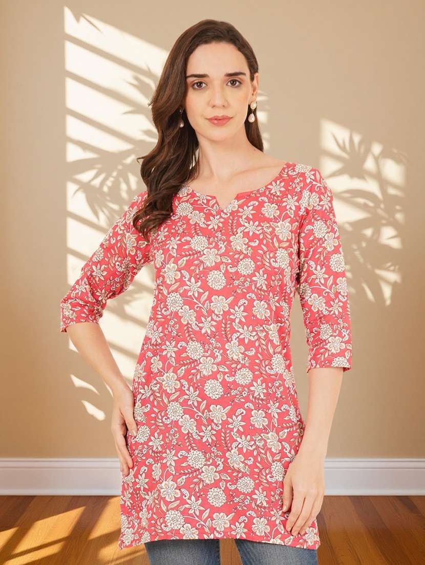 women floral printed three quarter sleeve straight kurti - 22182822 -  Standard Image - 1