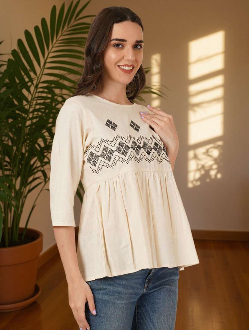 women embroidered three quarter sleeve flared top - 22182828 -  Standard Image - 1