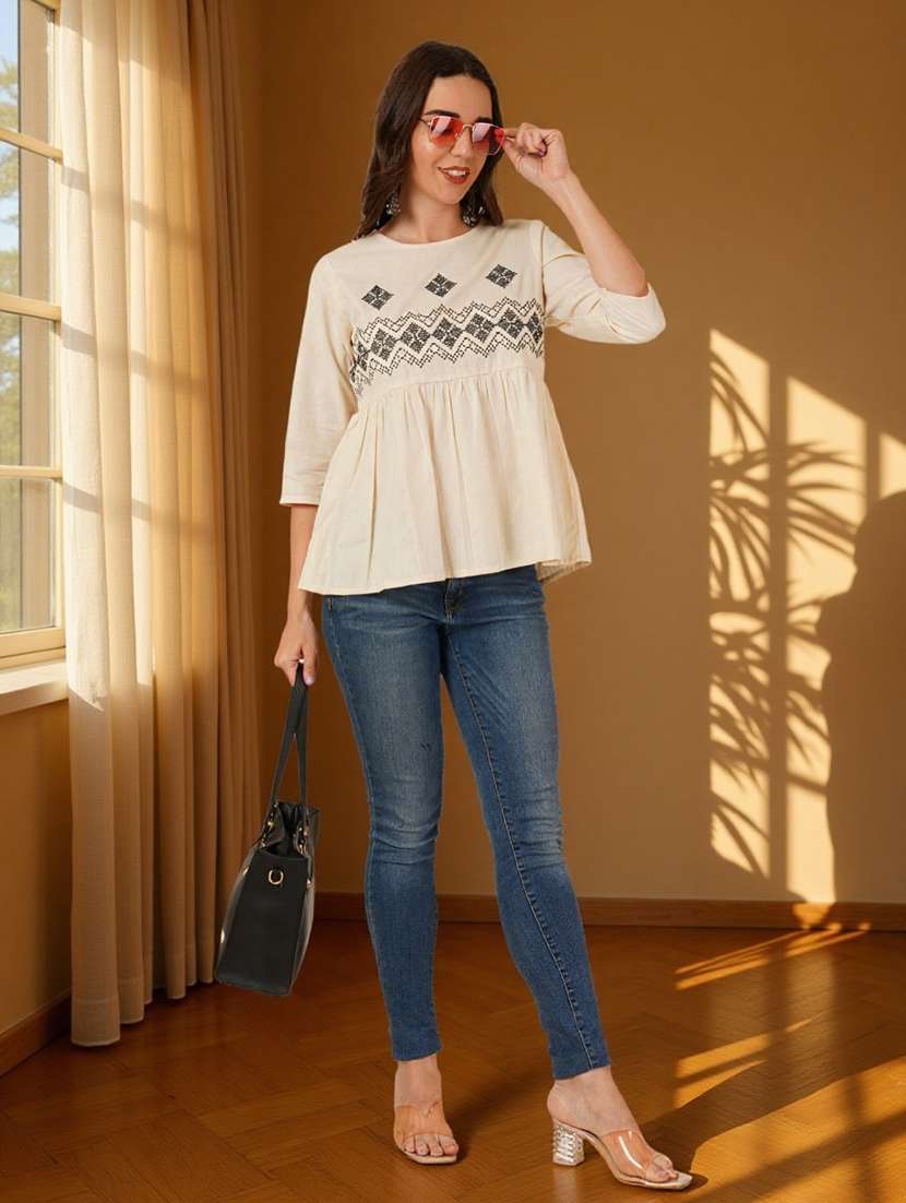 women embroidered three quarter sleeve flared top - 22182828 -  Standard Image - 6