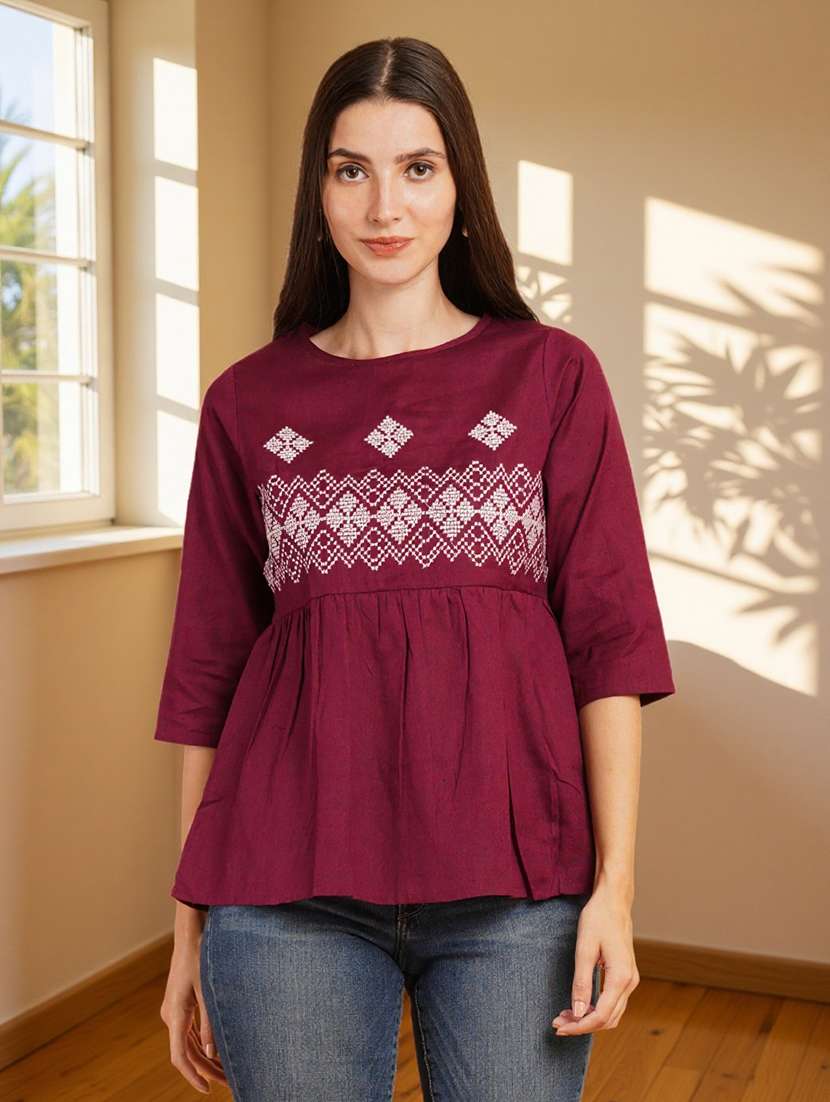 women embroidered three quarter sleeve flared top - 22182829 -  Standard Image - 1