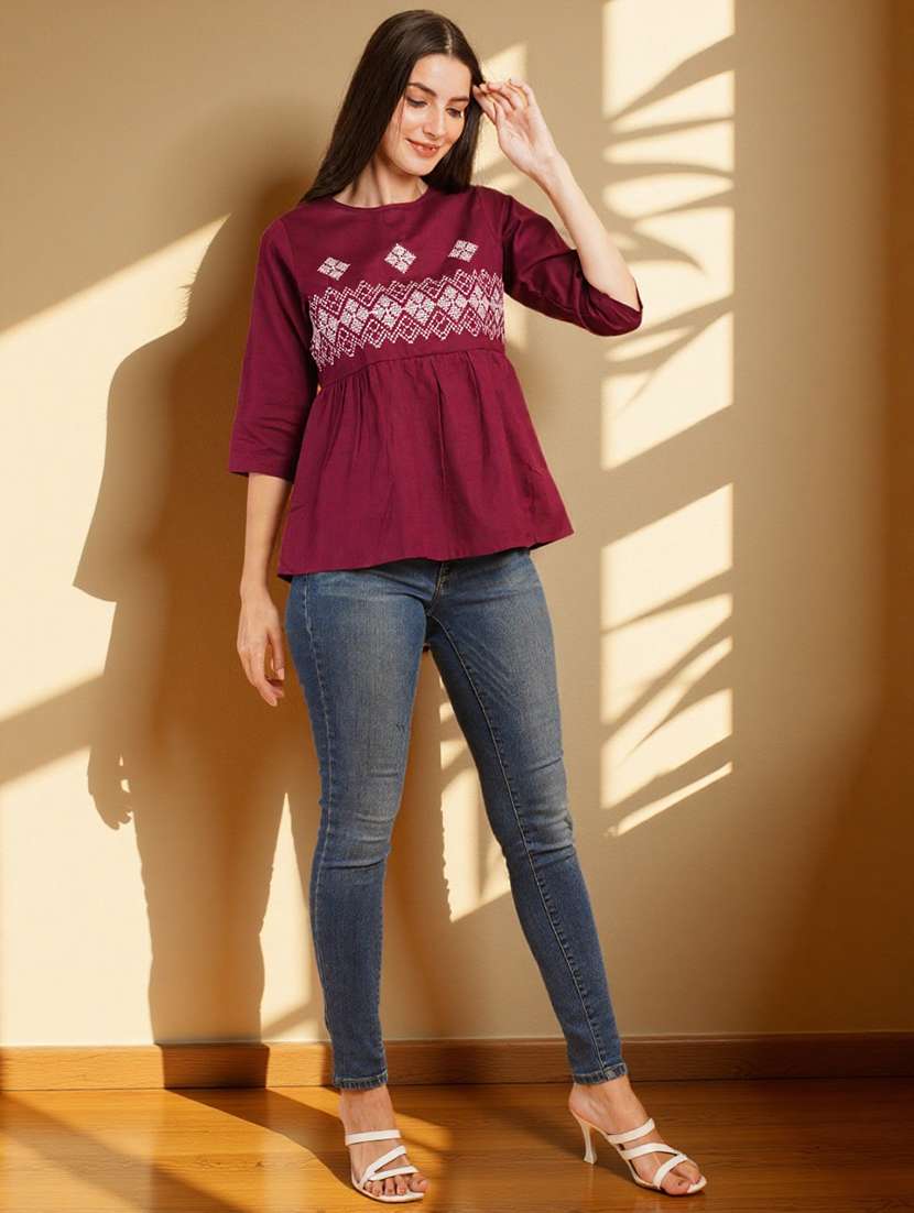 women embroidered three quarter sleeve flared top - 22182829 -  Standard Image - 6