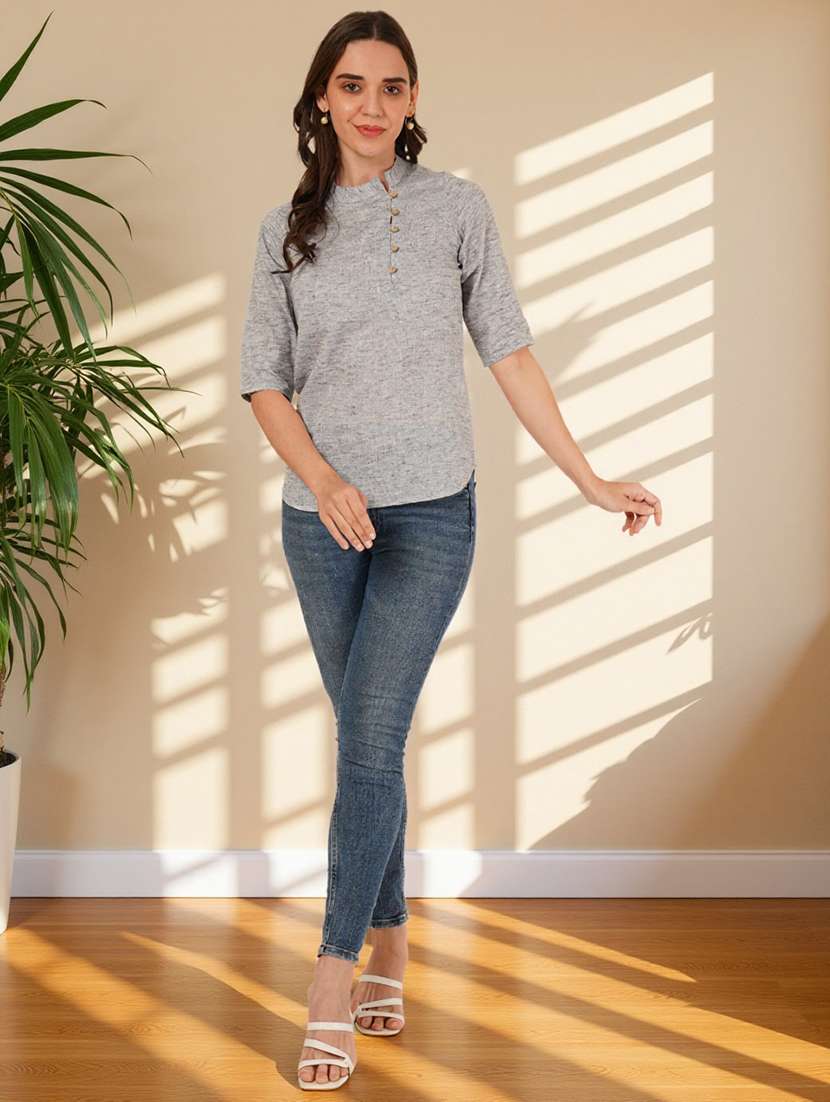 grey cotton women solid three quarter sleeve regular top top - 22182840 -  Standard Image - 1