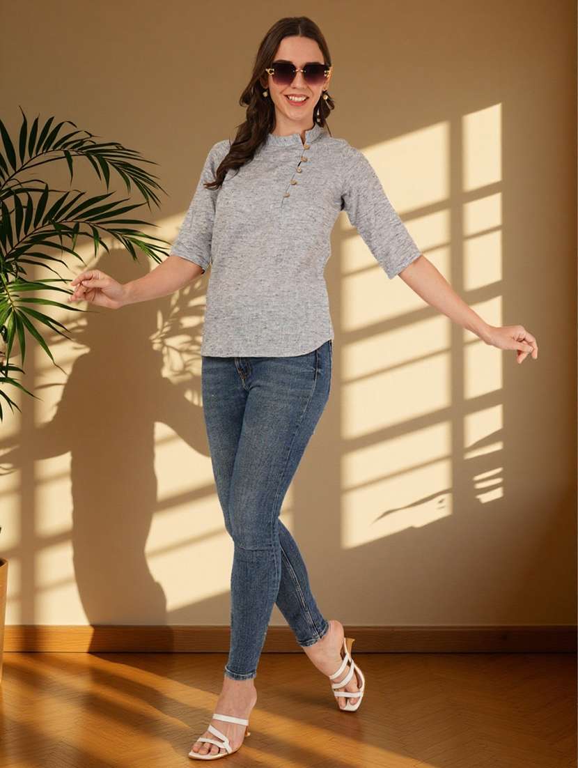 grey cotton women solid three quarter sleeve regular top top - 22182840 -  Standard Image - 4