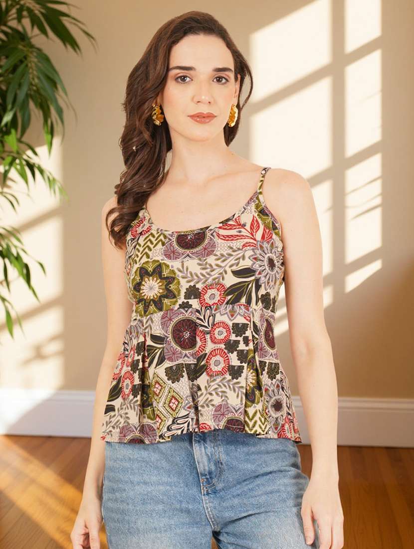 women floral print shoulder strap peplum top
