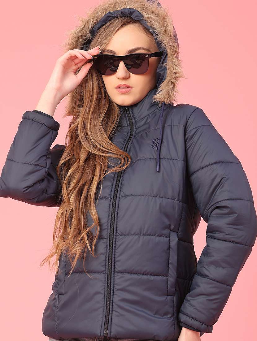 women solid long sleeve hooded puffer jacket