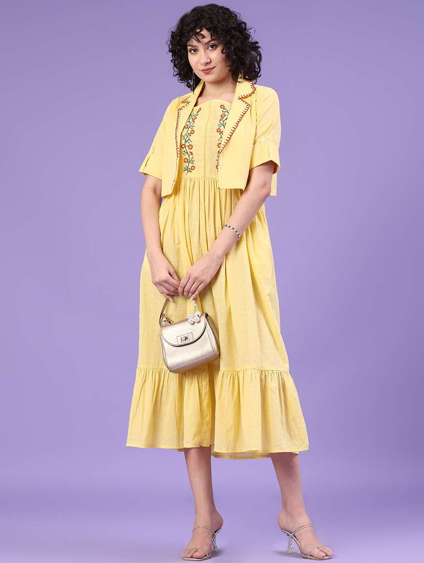 women embroidered shoulder strap tiered dress with jacket