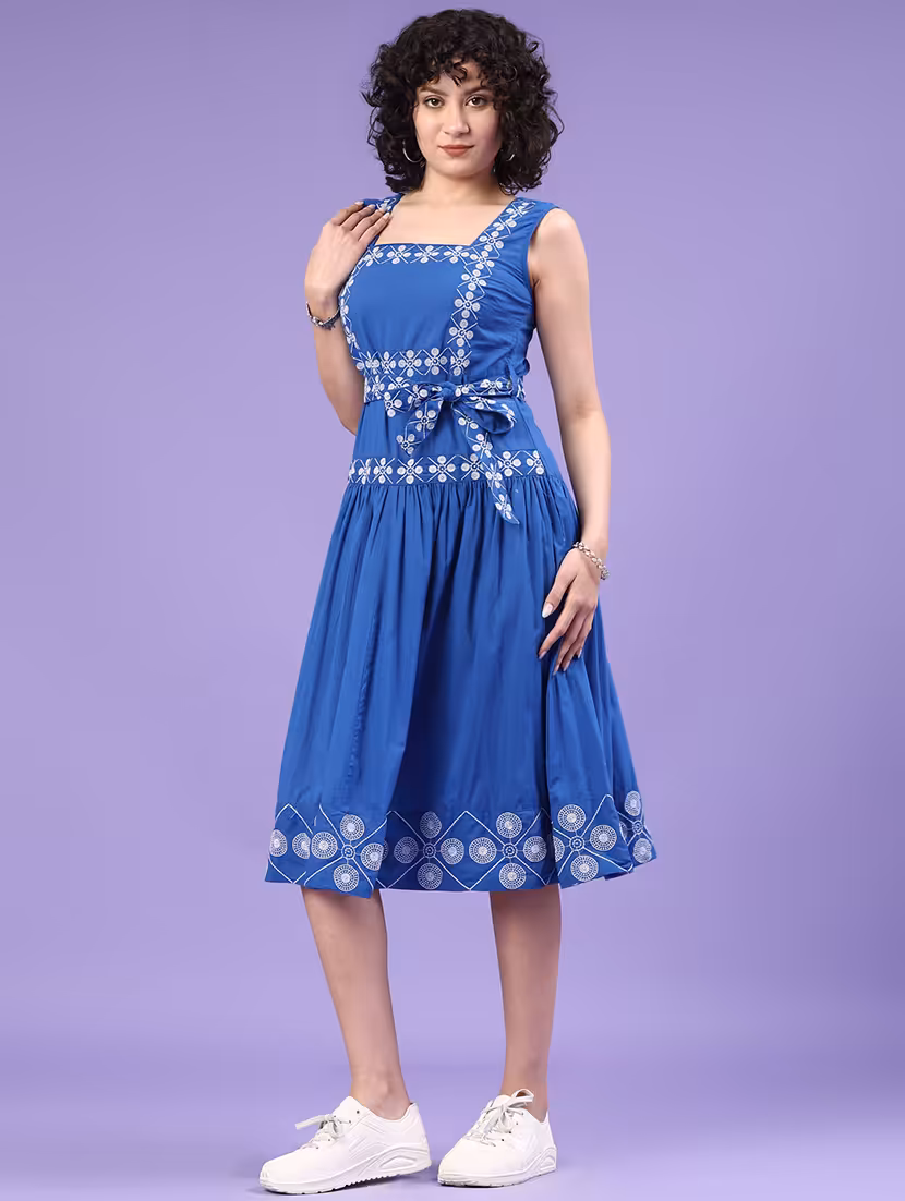 women solid with work square neck fit & flare ethnic dress - 22183006 -  Standard Image - 4