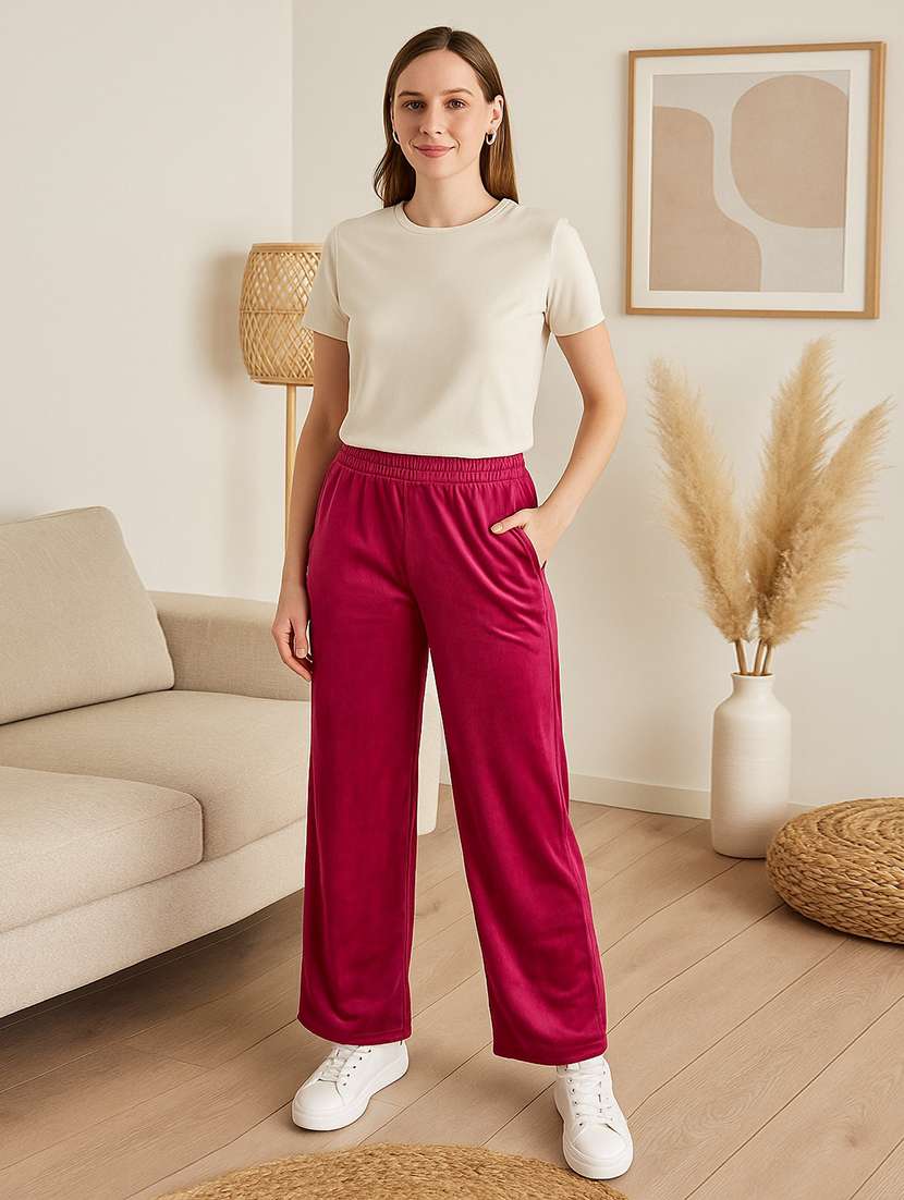 women solid high rise wide leg track pant - 22183292 -  Standard Image - 4