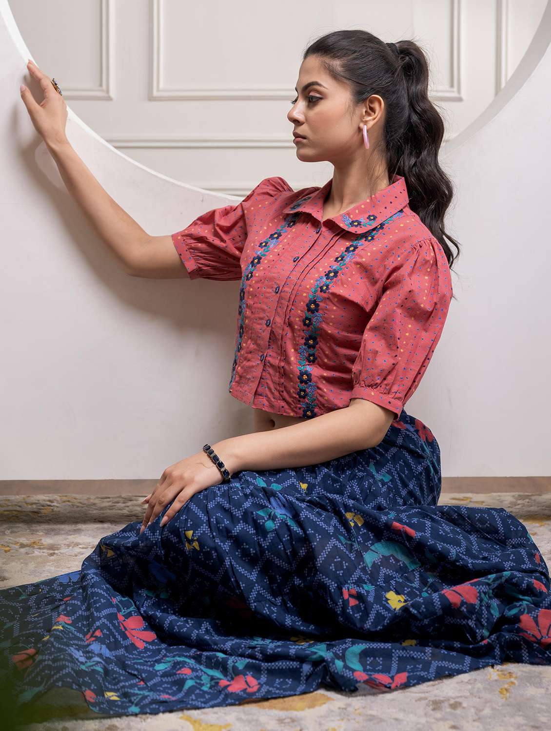 women printed puff sleeve skirt top set - 22183374 -  Standard Image - 1