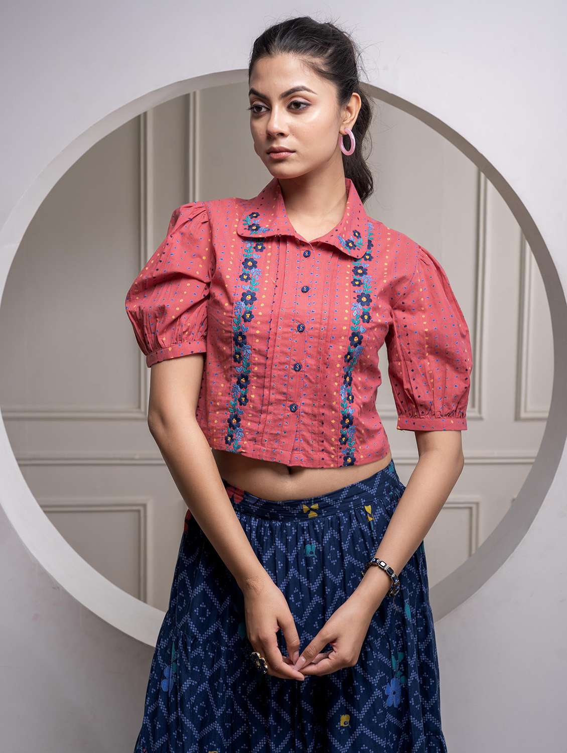 women printed puff sleeve skirt top set - 22183374 -  Standard Image - 4