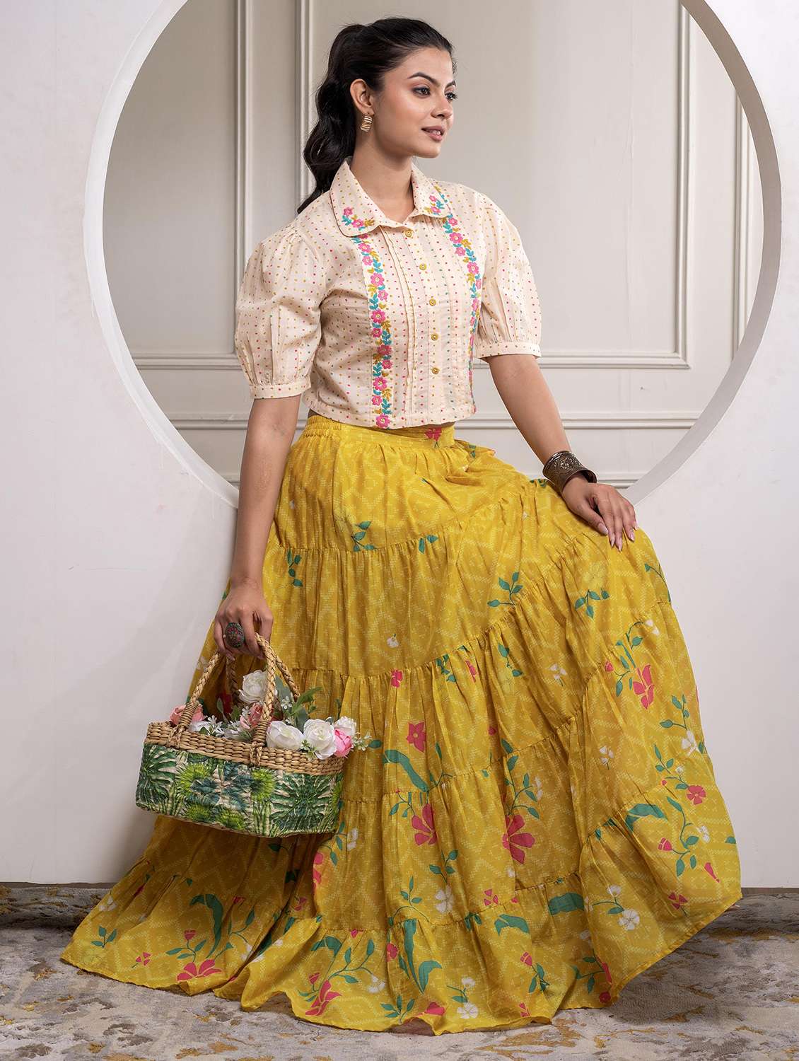 women printed puff sleeve skirt top set - 22183375 -  Standard Image - 1