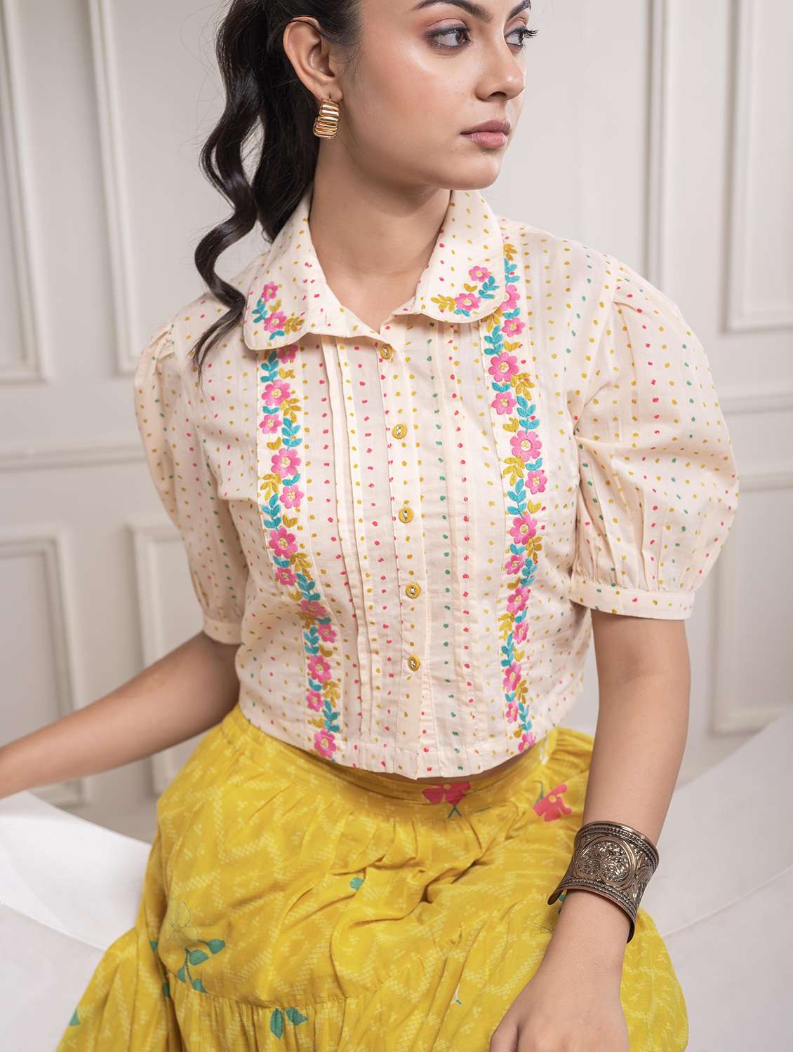 women printed puff sleeve skirt top set - 22183375 -  Standard Image - 4