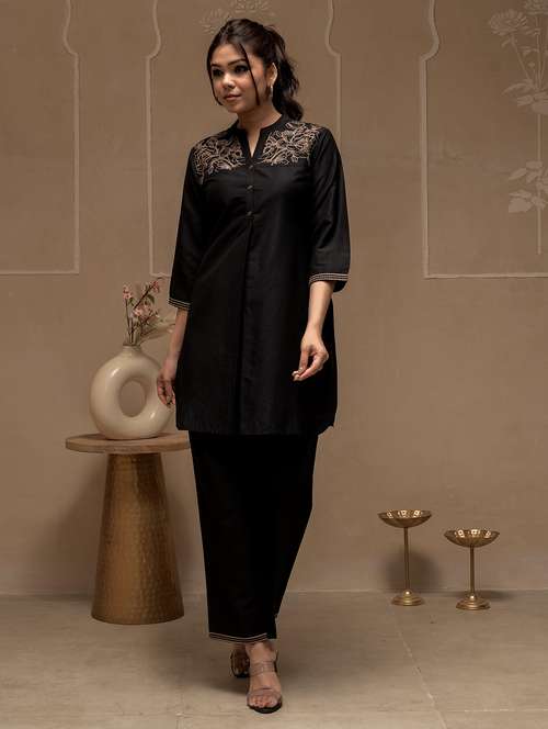 women solid with work three quarter sleeve kurta pant set - 22183376 -  Standard Image - 0