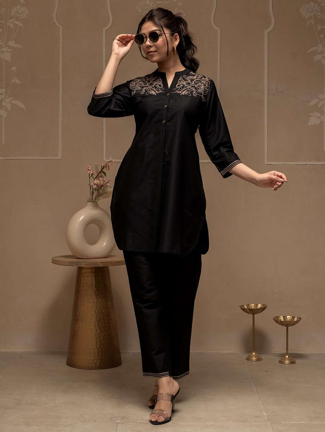 women solid with work three quarter sleeve kurta pant set - 22183376 -  Standard Image - 1