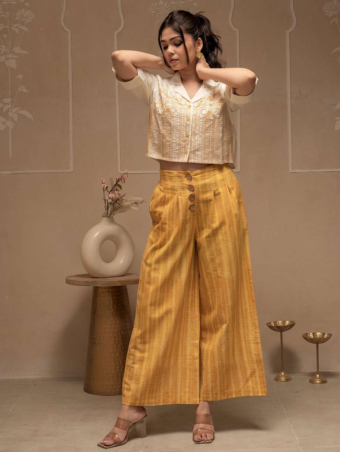 women solid with work roll up sleeve top pant set - 22183377 -  Standard Image - 1