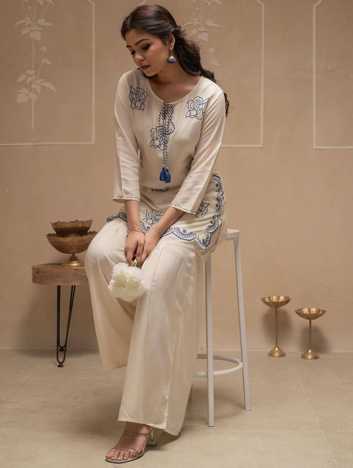 women solid with work three quarter sleeve kurta sharara set - 22183382 -  Standard Image - 1