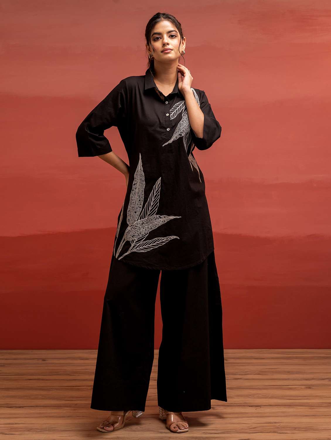 women solid with work three quarter sleeve relaxed fit ethnic co-ord set