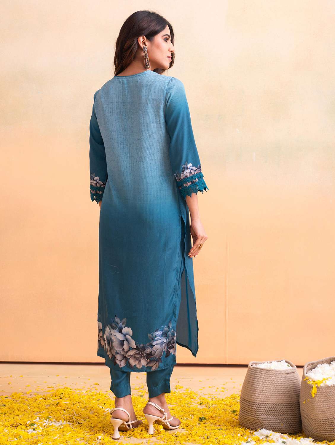 women floral three quarter sleeve kurta pant with dupatta set - 22183387 -  Standard Image - 1